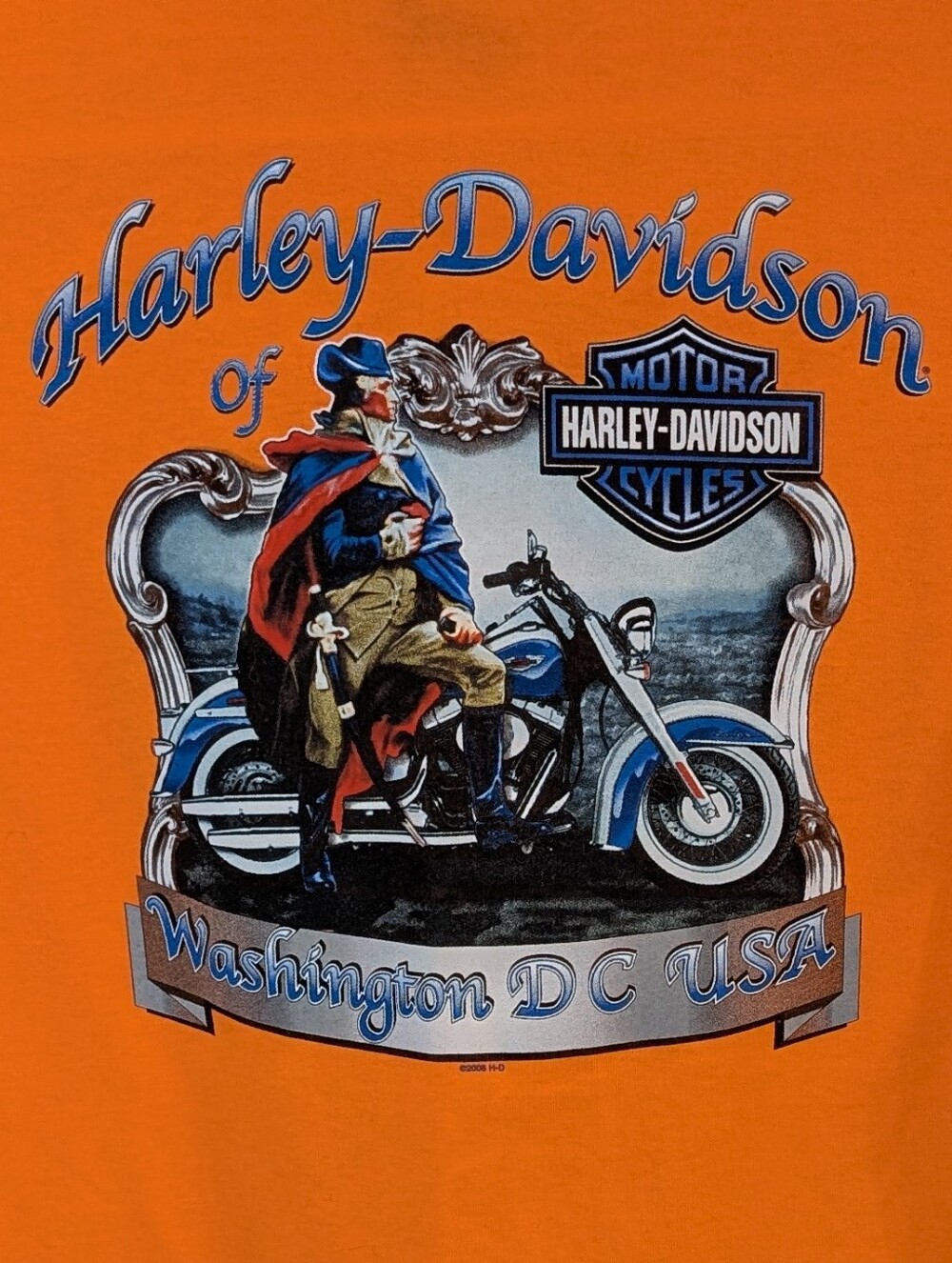 Harley Davidson XL Orange Shirt 2008 George Washington DC Graphic Tee